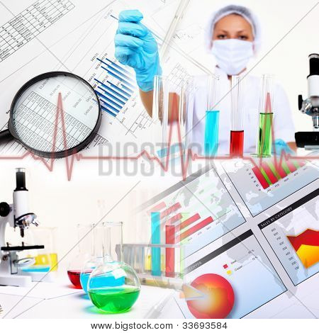 Picture or Photo of Image of a doctor working in labortory and different scientific equipment