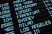 picture of world  - Departures board at airport terminal showing international destinations flights to some of the world - JPG 