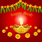 picture of religion  - illustration of burning diwali  diya on floral background - JPG 