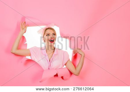 Poster: Happy Woman Peeks Through Hole