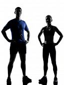 pic of workout  - couple woman man exercising workout fitness aerobics posture in silhouette studio isolated on white background - JPG 