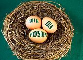 stock photo of stability  - Nest with eggs and the words 401k IRA and Pension for retirement or future financial stability - JPG 