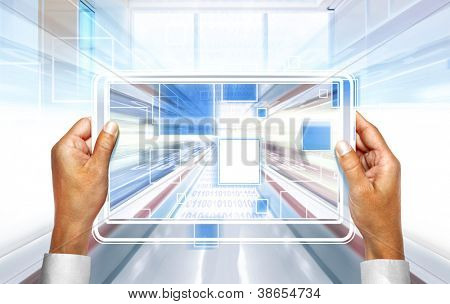 Picture or Photo of Computer background with laptop technologies of the future