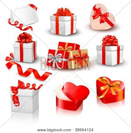 Picture or Photo of Set of colorful vector gift boxes with bows and ribbons.