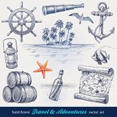 stock photo of drawn  - Travel and adventures hand drawn vector set - JPG 
