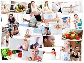 picture of fitness  - Collage of healthy foods and woman doing fitness exercises - JPG 
