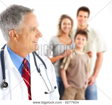 Picture or Photo of Smiling family medical doctor and young family. Over white background