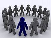 picture of leadership  - 3DS Max image of a group of people with one highlighted in blue indicating possible leadership importance of individual team effort or exclusion - JPG 