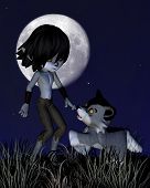 picture of toon  - Cute toon wolf boy and his wolf standing in front of a full moon - JPG 