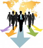 picture of business people  - Group of global business people walk forward on progress arrows from a world map - JPG 