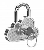 stock photo of security  - A detailed icon of a cloud made of shiny metal in a form of a lock with a key in it - JPG 