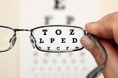 stock photo of medical  - Looking through glasses at an eye exam chart - JPG 