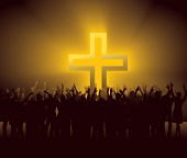 stock photo of group  - group of people around glowing Cross - JPG 