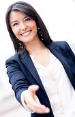 pic of handshake  - Business woman with hand extended to handshake - JPG 