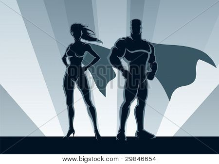 Picture or Photo of Male and female superheroes, posing in front of a light.
No transparency used. Basic (linear) gradients used for the background. A4 proportions.