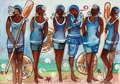 image of oared  - This is an illustration of several black women in blue vintage swim suites holding oars - JPG 