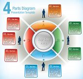 foto of segment  - Multicolored presentation template of a segmented wheel with four equal segments each with a person silhouette and a varying number of attached information text boxes - JPG 