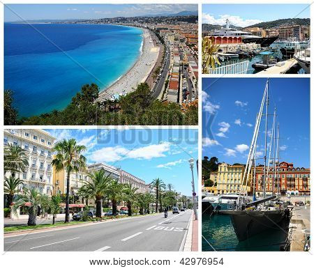 Picture or Photo of Collage of Nice landmarks.  City and nature. France.