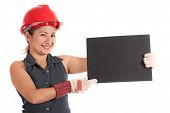 image of construction worker  - A female construction worker holding a blank board - JPG 