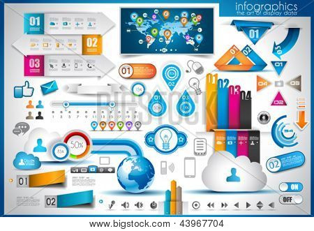 Picture or Photo of Infographic elements - set of paper tags, technology icons, cloud cmputing, graphs, paper tags, arrows, world map and so on. Ideal for statistic data display.