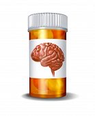 stock photo of health  - Psychiatric drugs and brain medicine medical concept with a prescription medication bottle with pills inside and a label with an image of a human brain for health care and pharmaceutical therapy - JPG 