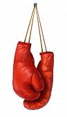pic of competition  - Boxing gloves hanging on a isolated white background with laces nailed to a wall as a business or sport concept of a person that retires gives up the fight or prepares for competition - JPG 
