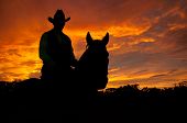 stock photo of horse  - Silhouette of a horse and a rider in a cowboy hat against late evening storm clouds - JPG 
