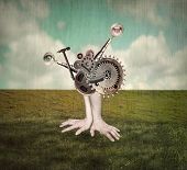 foto of surreal  - Fantasy artistic image that represent human hands and arms of with a surreal mechanism of gears that supposed to move them in a surreal background - JPG 