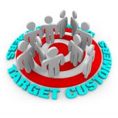 stock photo of on target  - Several customers stand on a red target surrounded by words Target Customers - JPG 