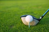 foto of golf  - Golf tee ball club driver in green grass course closeup - JPG 
