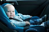 stock photo of seating  - 7 months old baby boy in a safety car seat - JPG 