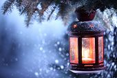 stock photo of holidays  - Christmas lantern with snowfall - JPG 